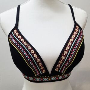 Shade & Shore Black Boho Embroidered Bikini Top, 34D